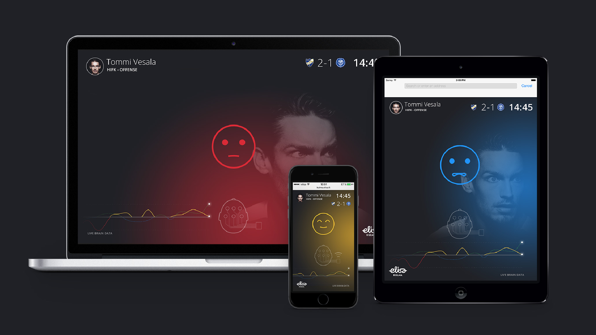 For Elisa Plc's Feel the Game project, we created a setup which enabled the audience to follow a football player’s emotions during an important match – measured with a brain scanner during the game, in real time.